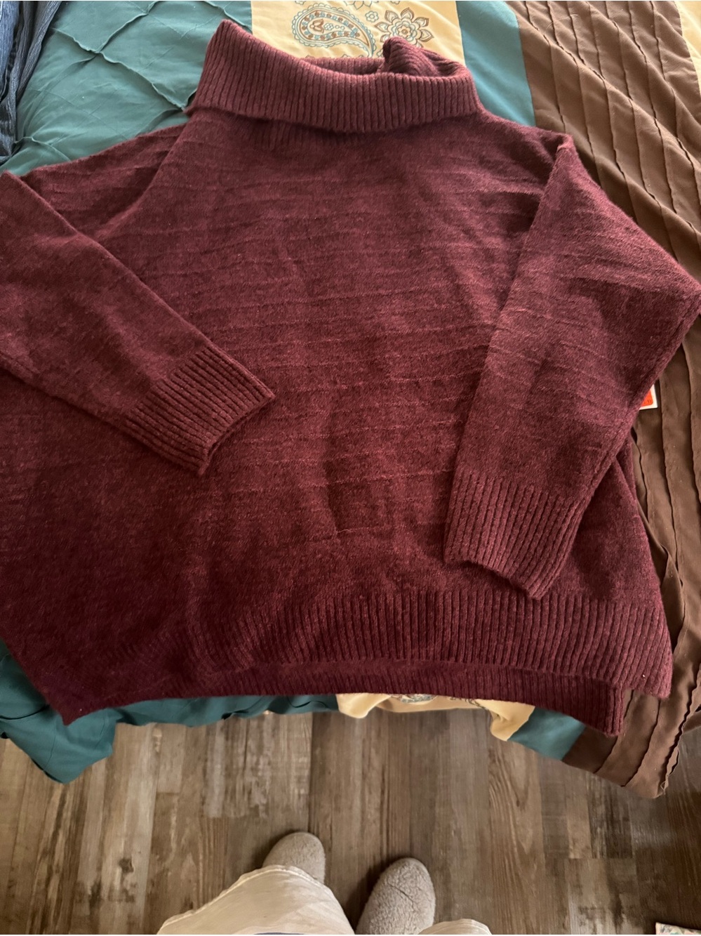 Women's Burgundy Cowl Neck Sweater with Cozy Fold-Over Collar
